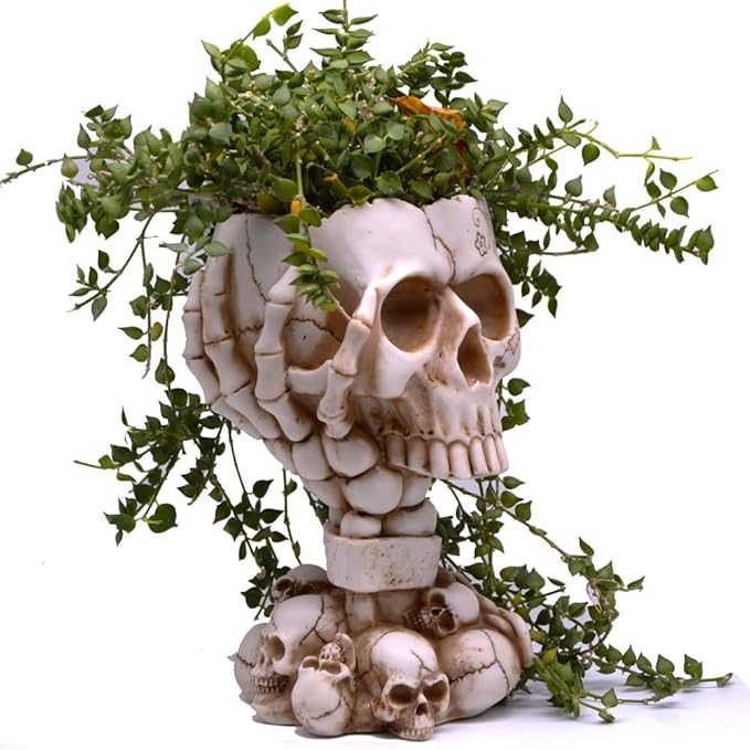 Skull Planter, Goth Flower Pot, Gothic Plant Pots, Succulent Pots with Drainage, Halloween Plant Pot, Tall White Skulls Statue, Funny Desk Home Decor, Cool Figurines Flower Pots Gift for Mother Father