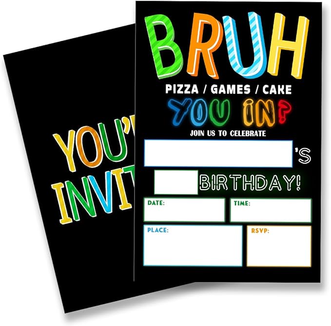 Teen Boy Party Invitation Supplies with Envelopes Set of 20 Bruh Birthday Party Invitation Fill in Blank, Double Sided
