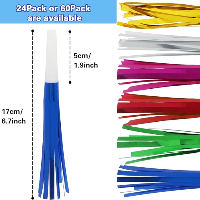 Lovecheer 24/60PCS Fringed Foil Party Noisemakers Metallic Fringed Party Blowers for Adults Birthday Wedding New Year Christmas Blowouts