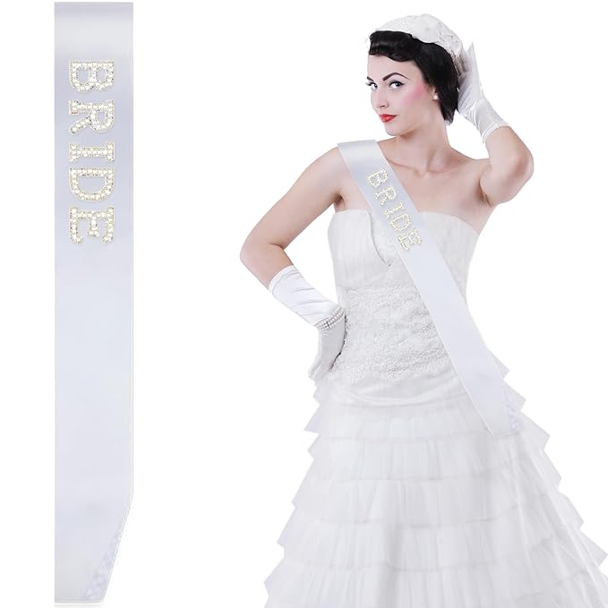 White Bride Sash with Pearls and Rhinestones, Bachelorette Party Sash, Bridal Shower Gift Wedding Party Decorations