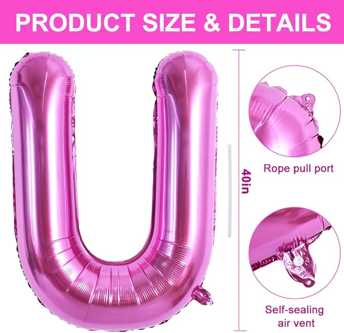 TONIFUL 40 Inch Large Rose Red Letter U Balloons - Giant Hot Pink Alphabet Letter Balloons for Birthday Party Anniversary Supplies Decorations