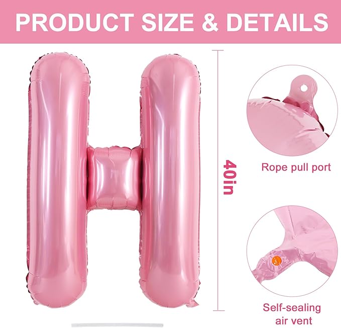TONIFUL 40 Inch Large Pink Letter H Balloons Giant Foil Mylar Alphabet Balloon for Birthday Party Anniversary Baby Shower Wedding Supplies Decorations