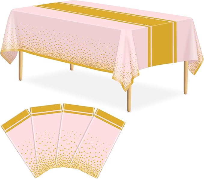 4 Pack Pink and Gold Tablecloth Party Decorations Plastic Pink Tablecloth Printed Gold Table Runner 54 x108 Inch Disposable Rectangle Table Cover for Birthday Wedding Graduation Anniversary
