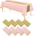 8Pack Disposable Plastic Tablecloths and Satin Table Runner Set Pink and Gold Dot Tablecloth Gold Satin Table Runner for Wedding Birthday Baby Shower Anniversary Christmas New Year Party Supplies