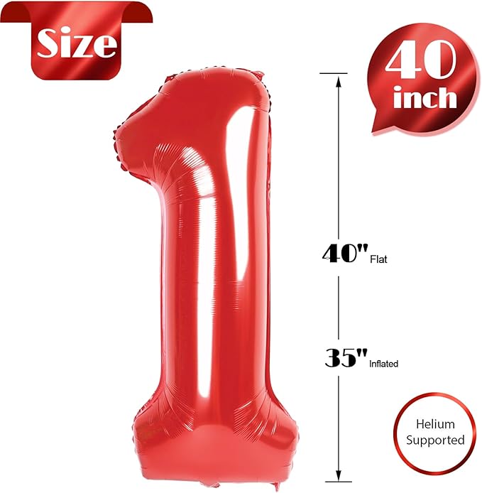 Red Number 1 Balloon for First Birthday 40 Inch, 1st One Number Balloons Birthday Decorations for Girl Boy Toddler Baby