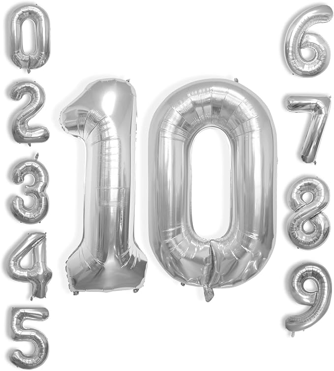 40 Inch Large Number Celebration and Decoration Balloon for Birthday Parties, Graduations, Anniversaries, Weddings, Photo Shoots, Special Events - Helium Foil Mylar (Silver Number 10)