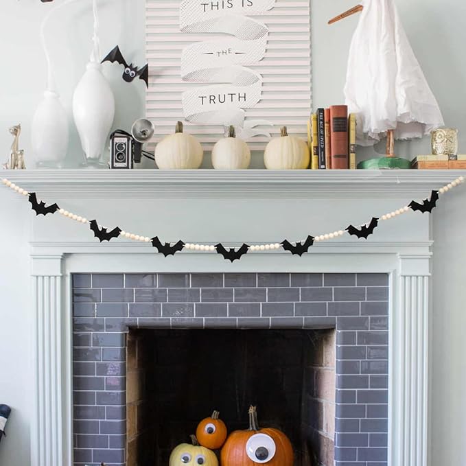 DAZONGE Halloween Decorations Indoor/Outdoor, Wood Felt Bats Bead Garland Banner for Halloween Decor, Farmhouse Bats Garland Decorations for Fireplace Mantle Walls