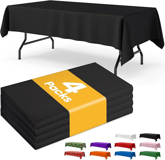 Black Plastic Table Cloth - 4 Pack 54" × 108" Rectangle Disposable Tablecloths for 6FT Tables, Table Cover for Party, Holiday & Gathering Use