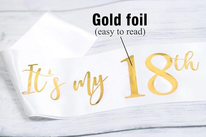 It's My 18th Birthday Sash White with Rose Gold Foil Lettering for Girls.