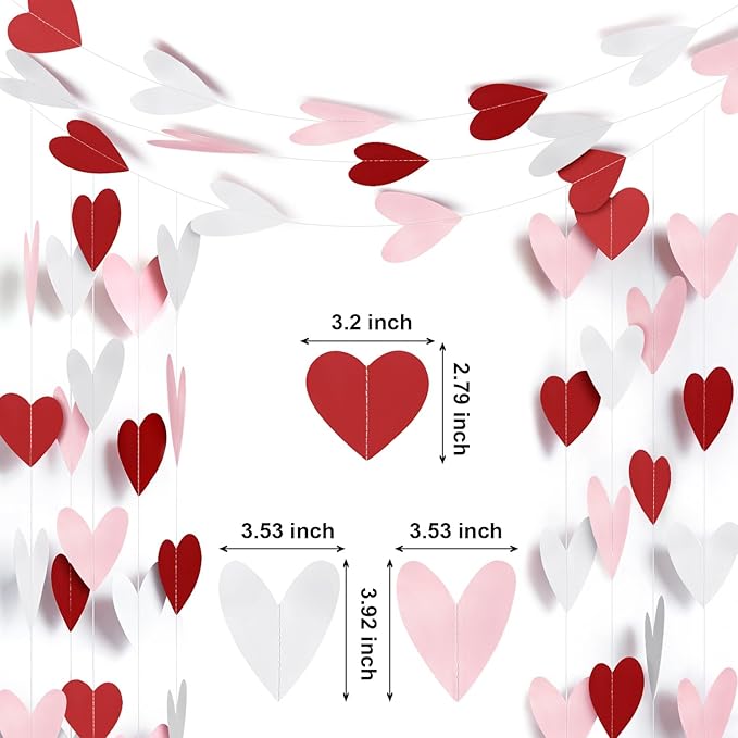 8 Pack Red Pink White Heart Garland Valentines Day Party Decorations Heart Paper Streamers Banner for Wedding Proposal Engagement Birthday Party Supplies