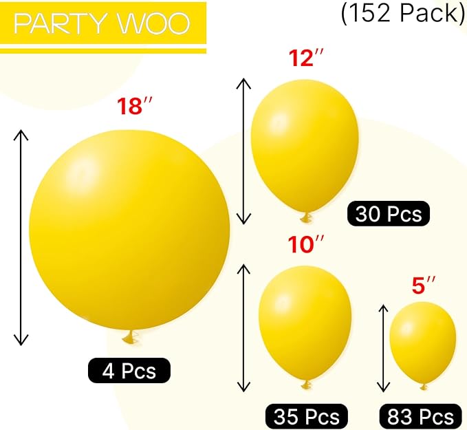 PartyWoo Yellow Balloons 152pcs Different Sizes of 18 12 10 5 Inch Matte Yellow Latex Balloon Arch Kit Garland for Easter Bee Baby Shower Sunflower Birthday Graduation Party Decorations Yellow-Y55