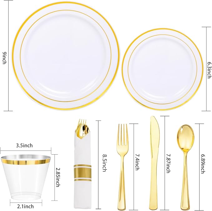 350Piece Gold Dinnerware Set for 50 Guests - Gold Plastic Plates with Disposable Cutlery Include:50Dinner Plates-50Dessert Plates-50Pre Rolled Napkins with Silverware for Wedding