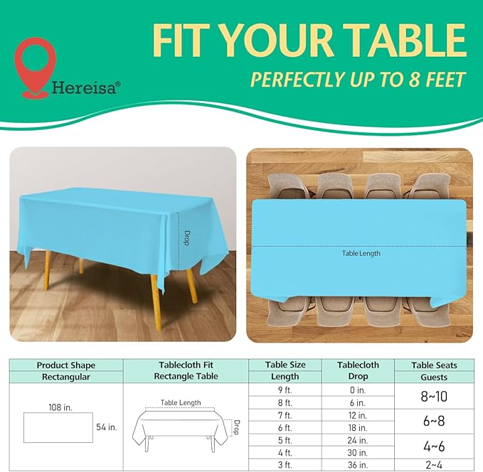 Disposable Light Blue Plastic Tablecloth 54x108 Inch, 10-Count Waterproof Rectangle Table Cover for Events, Catering