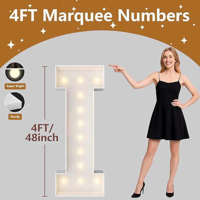 4FT Marquee Light Up Letters, Large Marquee Letters, Pre-cut Foam Board Letter I for Engagement Wedding Decorations Birthday Party Backdrop Decor, Balloon Arch Kit
