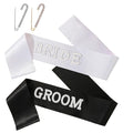 Bride and Groom Sash Set - 3D Rhinestone & Pearl Bachelorette Party Sash with Rhinestone Pin for Wedding Bridal Shower Favors and Engagement Decorations (White and Black)