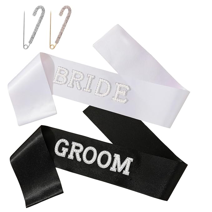 Bride and Groom Sash Set - 3D Rhinestone & Pearl Bachelorette Party Sash with Rhinestone Pin for Wedding Bridal Shower Favors and Engagement Decorations (White and Black)
