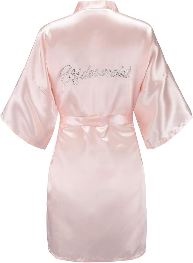 EPLAZA Women's One Size Silver Rhinestones Bride Bridesmaid Short Satin Robes for Wedding Party Getting Ready