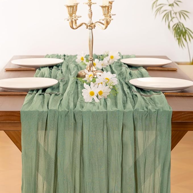 Socomi 10pcs Sage Green Cheesecloth Table Runner Easter Spring Boho Rustic Gauze 120 inch 10FT Cheese Cloth Runner for Wedding Party Baby Shower Home Decor Holiday Decorations