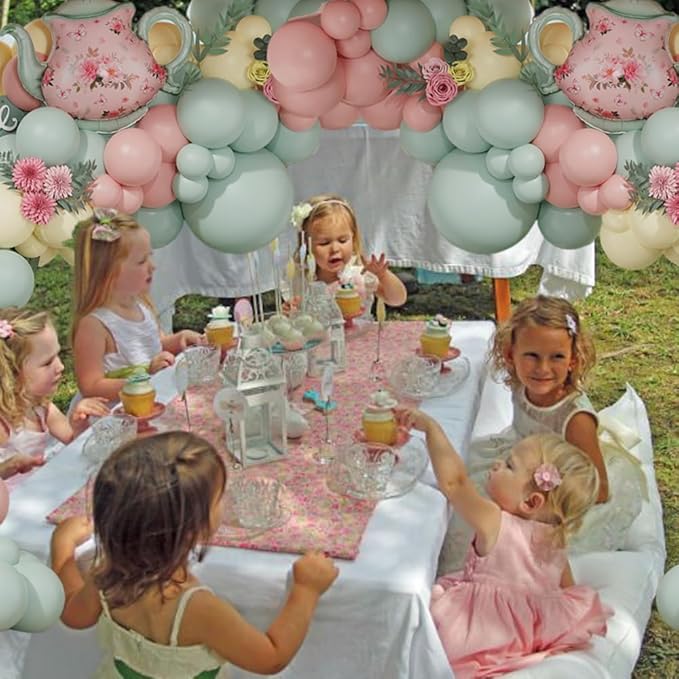 Tea Party Decorations 139pcs Pastel Tea Party Balloon Arch Garland Kit with Pink Green Teapot Mylar Balloon for Let's Par-Tea Girls Birthday Spring Garden Tea Party Decor (Tea Party)