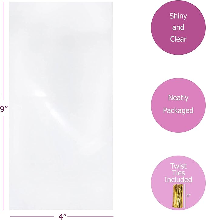 Purple Q Crafts Clear Plastic Cellophane Bags with 4" Colored Twist Ties for Gifts Party Favors (4"x9" 100 Pack)