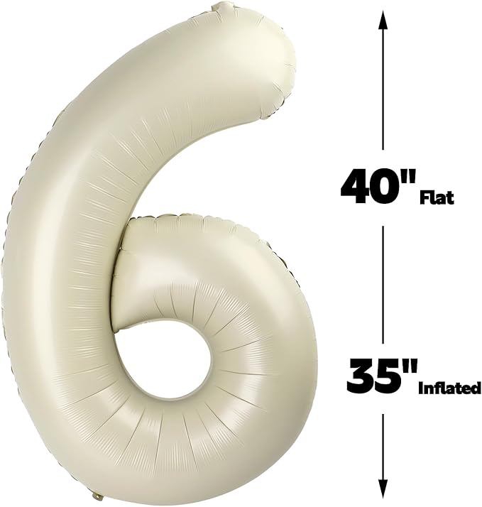 40 Inch Cream White Mylar Foil Number 6 Birthday Balloon, Digital Balloons for 6 16 Boy Girl Party Decorations Supplies, Big Helium Balloon Numbers for 26 36 46 60 Men Women Anniversary