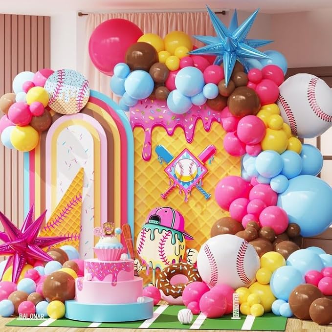 Ice Cream Drip Baseball Birthday Party Decorations 140pcs Baseball Balloon Arch with Hot Pink Light Blue Yellow Latex Balloons Explosive Star Foil Balloon for Baseball Theme Birthday Party Supplies