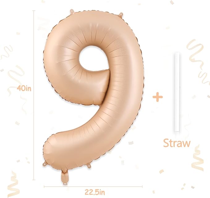 9 Balloon, Number 9 Balloon, Number Balloons 40 Inch, Beige Large Big Foil Number Balloons for Birthday Party Graduation Wedding Anniversary Baby Shower Bachelorette Decoration Supplies