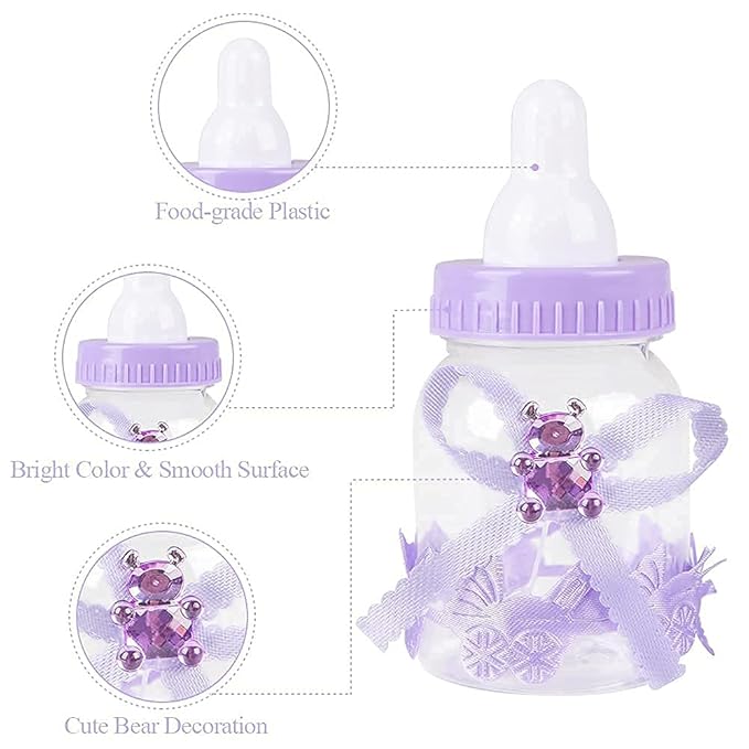MACTING 2 Dozens 3.5 Inch Feeding Bottle Candy Box with 5Pcs Artificial Flower Rose for Baby Shower Favor Gift Decoration (Purple)