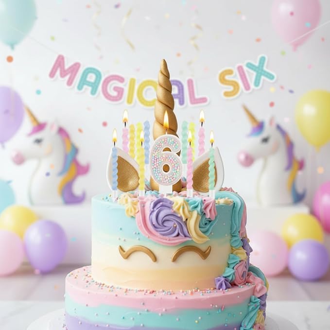 MTLEE Number 6 Birthday Candle with 12 Pcs Spiral Candles for Girls Macaron Pastel Rainbow Unicorn Pink Cake Topper for Sweet Theme Party Decoration