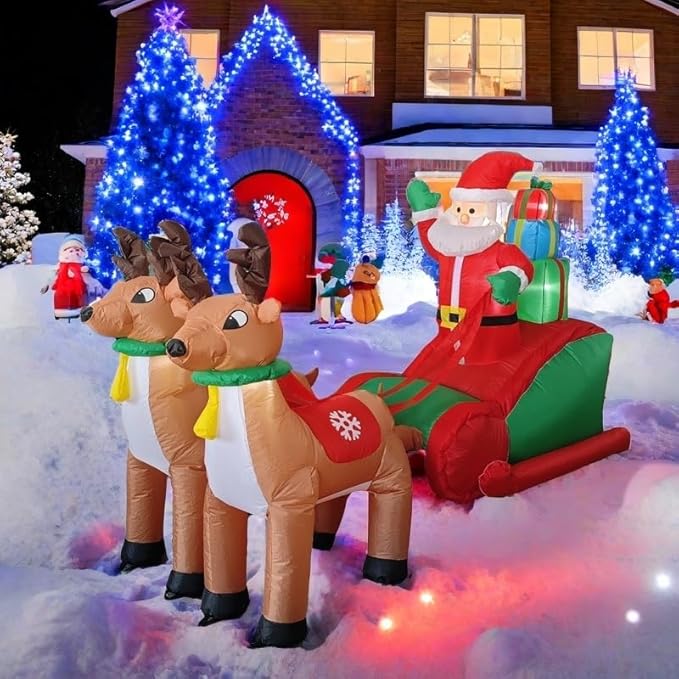 Christmas Inflatable Clearance, 8 FT Christmas Inflatable Outdoor Decoration Deer Pull car, Giant Santa Claus Driving Racing car in the Snow, for Garden Lawn Christmas Decoration
