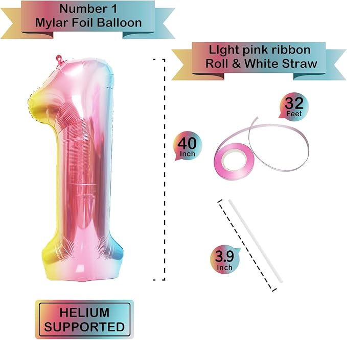 Rainbow Number Balloons Birthday Balloons - Giant Number 1 Balloon 40 inch, Numbers Balloon Birthday Decorations, Rainbow Party Supplies for Baby Shower