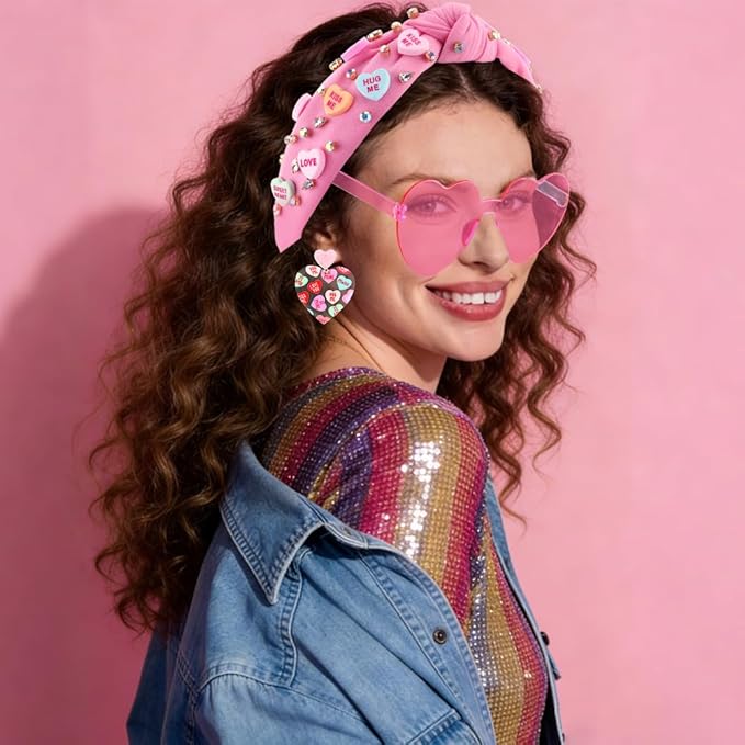 Valentines Day Headband for Women,4Pcs Pink Valentines Day Knotted Conversation Heart Headbands Earrings and Sunglasses Set for Women,Valentines Outfits Hair Accessories Gifts for Her
