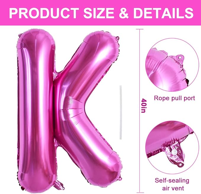 TONIFUL 40 Inch Large Rose Red Letter K Balloons Giant Hot Pink Alphabet Letter Balloons,Foil Mylar Big Balloons for Birthday Party Anniversary Supplies Decorations