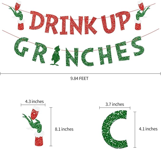 Christmas Banner Grinches Party Decorations Drink Up Banners Indoor, Glittery Christmas Decor Banner, Red Green Banner for Home Fireplace Decor
