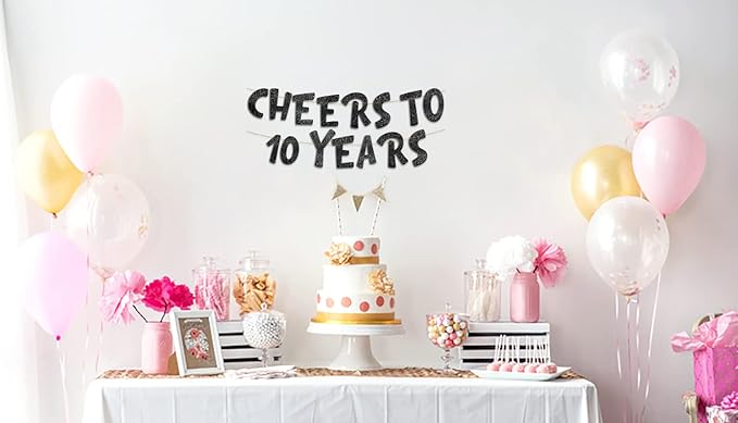 Pre-Strung Cheers to 10 Years Black Glitter Banner - 10th Birthday and Anniversary Decorations for Boys and Girls - Party Supplies and Gifts