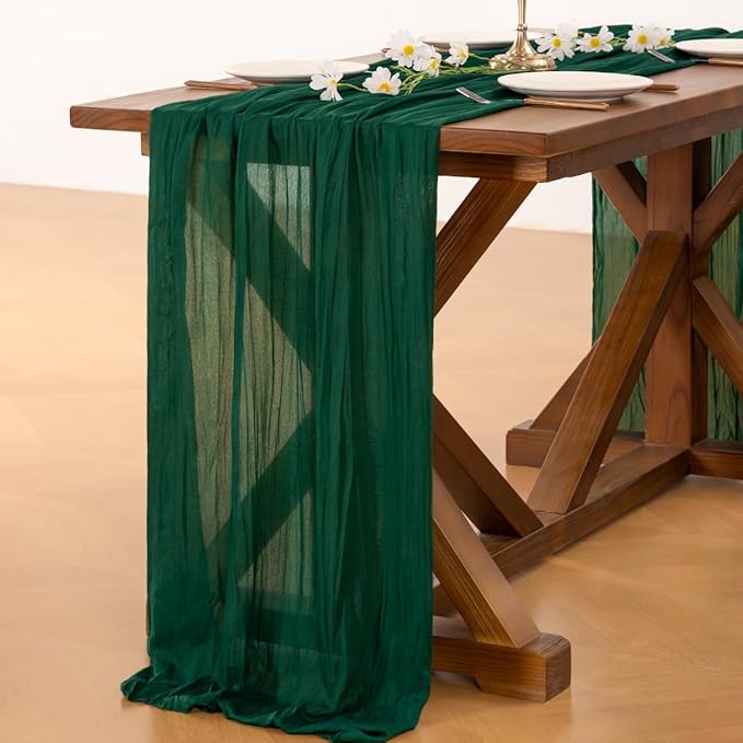 Socomi 6pcs Emerald Green Cheesecloth Table Runner Easter Spring Boho Rustic Gauze 120 inch 10FT Cheese Cloth Runner for Wedding Party Baby Shower Birthday Home Decor Holiday Decorations