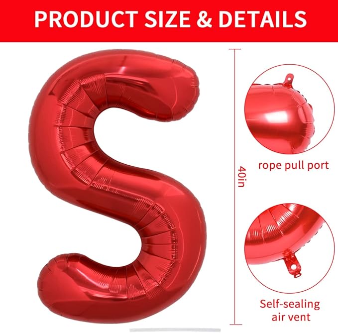 TONIFUL 40 Inch Large Bright Red Letter Balloons A-Z, Giant Jumbo Helium Foil Mylar Big Letter S Balloons for Birthday Party Anniversary Wedding Decorations