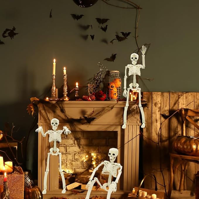 4 Packs Posable Halloween Skeleton, Full Body Skeleton Decoration Movable Posable Joints Skeletons, Scary Plastic Skeleton Halloween Skull Decor for Yard Garden Lawn Haunted House Graveyard Props