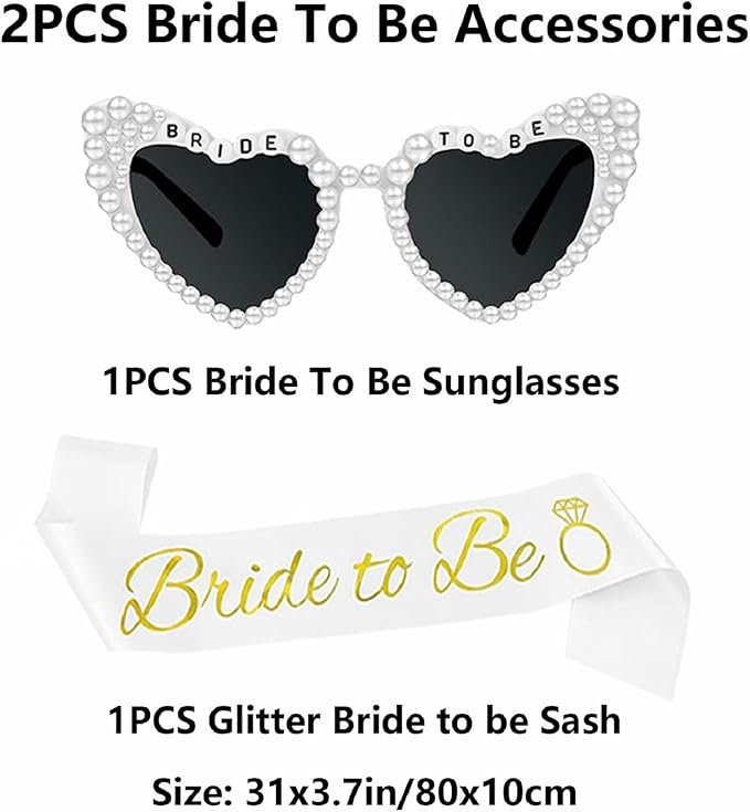Bride Sash and Sunglasses Bride to Be Sashes Pearl White Heart Sunglasses Accessories for Bachelorette Bridal Shower Engagement Wedding Party