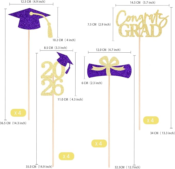 Gexolenu 16 PCS Gold and Purple Double-Sided 2026 Graduation Centerpieces for Tables, 2026 Table Toppers Party Centerpiece Sticks Party Supplies, Graduation Party Decorations Class of 2026, Set of 4