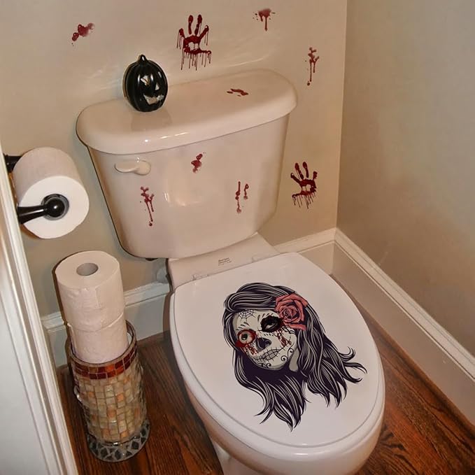 Spooky Party Decorations Set Banner + Night Glow Eye Stickers + Blood Footprint Handprint Floor Clings Decals + Ghost Shadow Toilet Sticker for Halloween Zombie Vampire Party