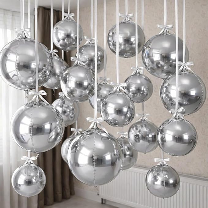12PCS Silver Foil Balloons, 22in 15in 10in Different Sizes 4D Round Foil Balloon Large Silver Metallic Sphere Balloons for Graduation New Year Birthday Party Ceiling Decorations
