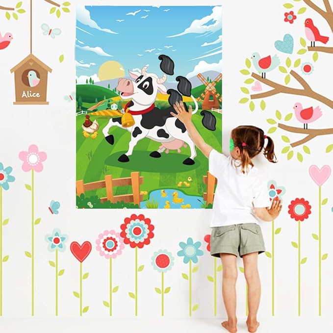 T-Antrix Pin The Tail on The Cow Game -Farm Themed Birthday Games for Kids with 21'' x 28'' Large Poster, Resuable Tails Stickers Farm Party Decorations Kids Birthday Party Favors