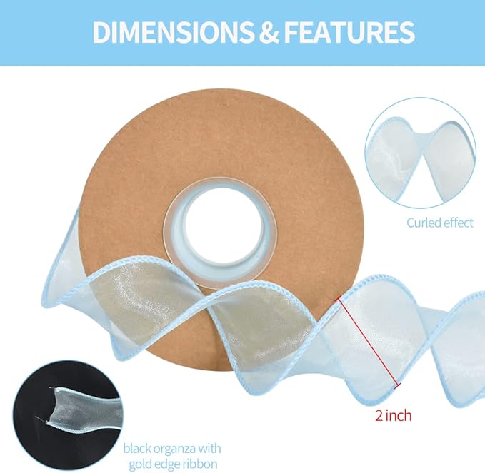 TONIFUL 1-1/2 Inch Wide Light Sky Blue Wired Chiffon Ribbon Sheer Organza Ribbons for Crafts Floral Bouquets Wedding Car Party Decorations Valentine's Day Gift Wrapping Bow Making Tree Wreaths
