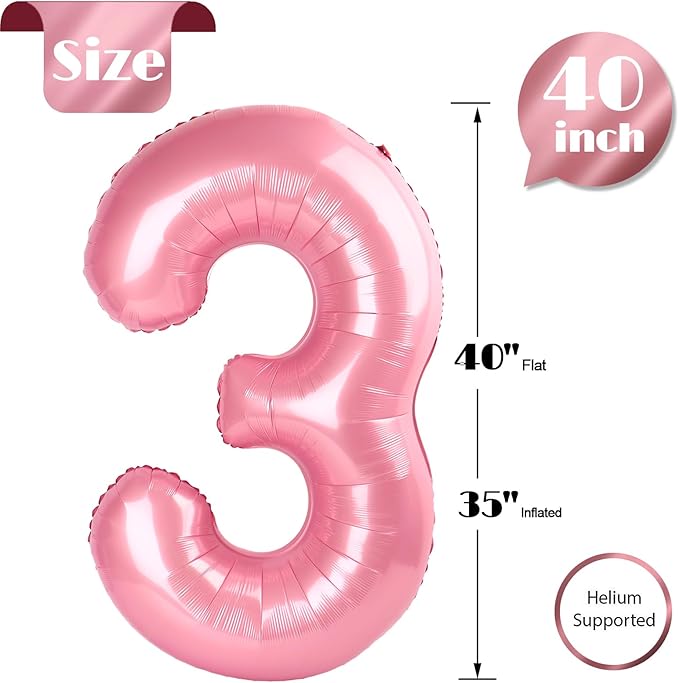 Pearlescent Pink Number 3 Balloon 40 Inch, 3 Balloon Number, 3rd Birthday Decorations, Pearlescent Pink Party Supplies for Boys Girls