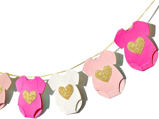 Pink Baby Shower Paper Garland Short-Sleeve Bodysuits Clothesline Garland Gender Reveal Birthday Banner Baby Outfit Pre - Strung Paper Decorations 9 pcs