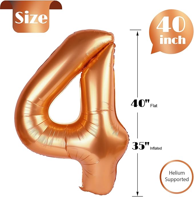Orange Number 4 Balloon 40 Inch, 4th Birthday Party Decorations for Children, Giant 4 Foil Balloon for Party Supplies