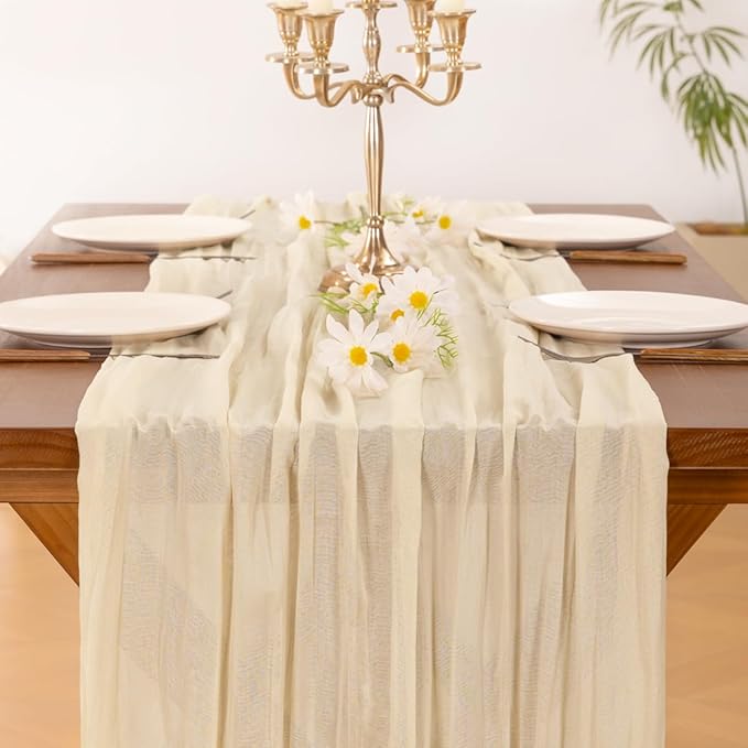 Socomi 15pcs Beige Valentine's Day Cheesecloth Table Runner Boho Rustic Gauze 120 inch 10FT Cheese Cloth Runner for Wedding Party Baby Shower Birthday Home Decor Holiday Decorations