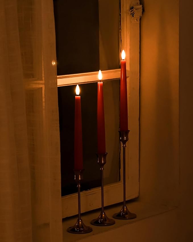 Orange Flameless Taper Candles with Remote and Timer, 9.65 Inch Real Wax LED Candlesticks, Fall Taper Candles Battery Operated with 3D Flickering Flame, Thanksgiving Candles for Table, 3 Pack