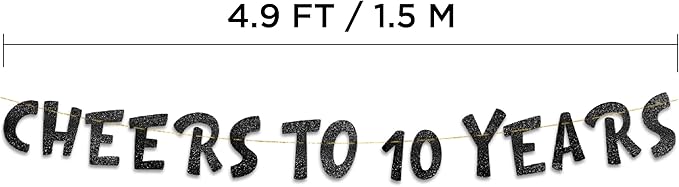 Pre-Strung Cheers to 10 Years Black Glitter Banner - 10th Birthday and Anniversary Decorations for Boys and Girls - Party Supplies and Gifts